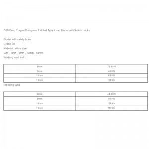 G80 드롭 위조 된 유럽 래칫 유형 하중 바인더와 안전 후크
