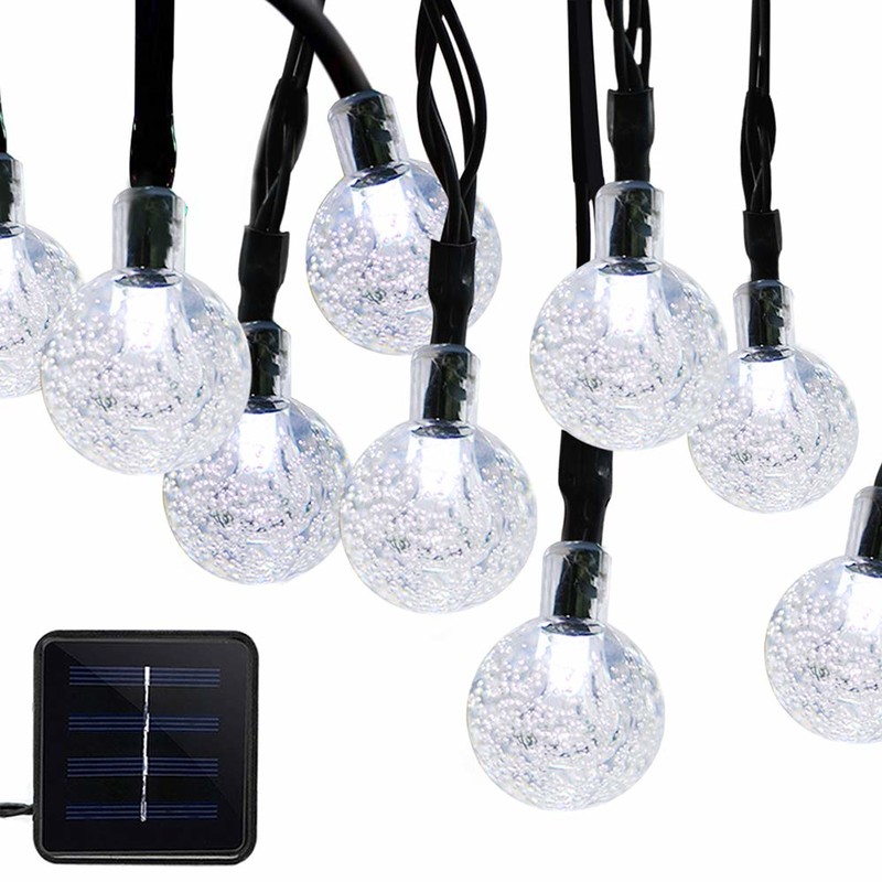 태양 광 램프 문자열 50 LED 거품 크리스탈 구 7 m / 23 ft 8 모드 크리스마스 요정 조명 야외 크리스마스에 적합 정원 풍경 안뜰 가족 휴일 경로 잔디 장식 흰색 불빛