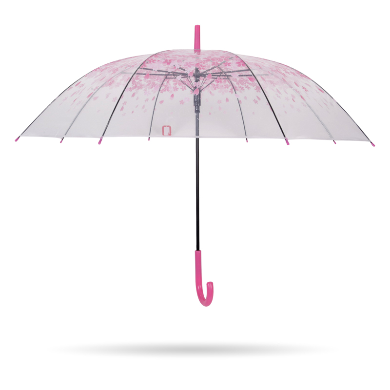핑크색 사쿠라 23 ''8k 자동 열림 플라스틱 J 손잡이 투명 포 등판 우산