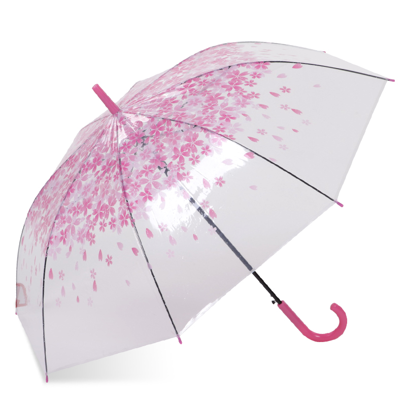 핑크색 사쿠라 23 ''8k 자동 열림 플라스틱 J 손잡이 투명 포 등판 우산
