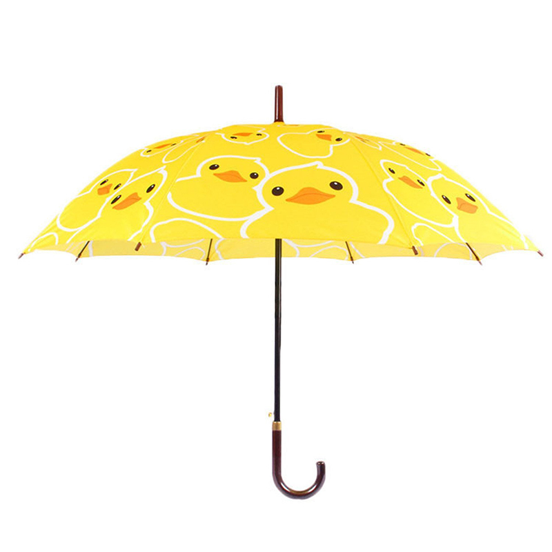 23 인치 명주 패브릭 자동 열기 노란색 오리 만화 패턴 직선 우산