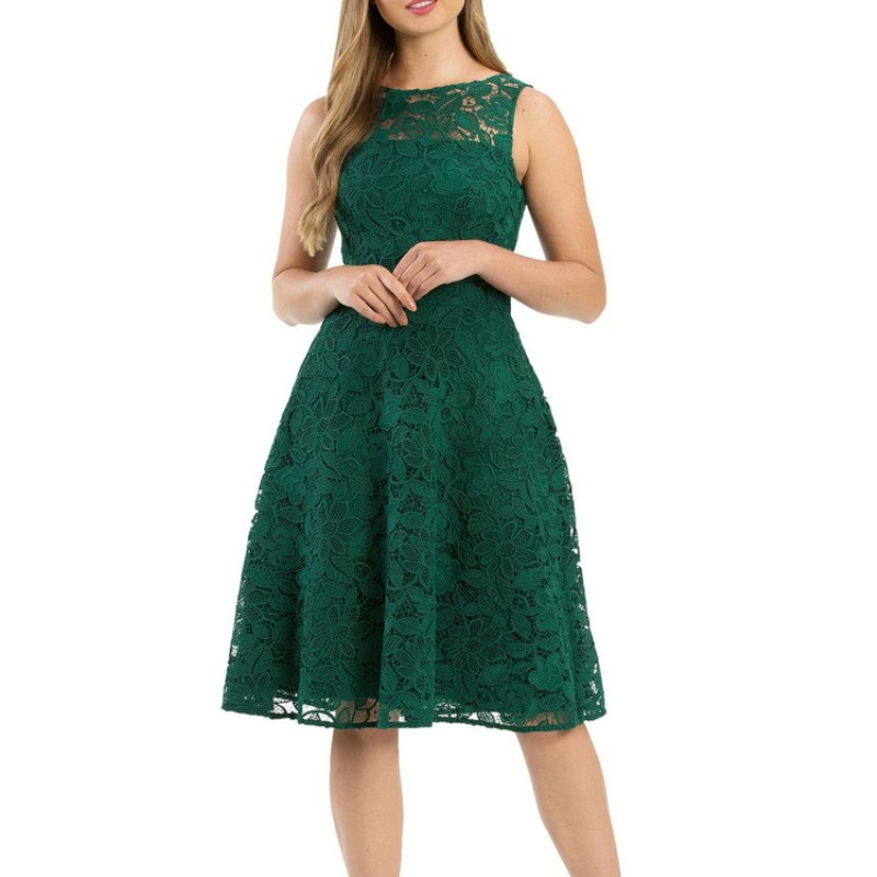 레이디 패션 민소매 녹색 미디 레이스 드레스