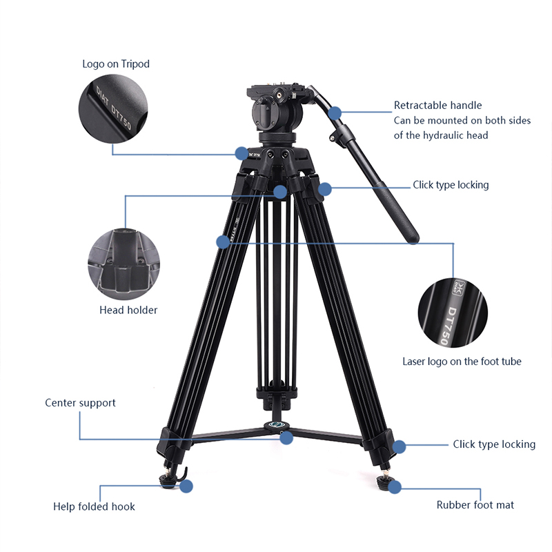 DIAT 새로운 DT750 비디오 카메라 지원 삼각대 세 섹션 1.7 미터 높은 DSLR 중장비 삼각대