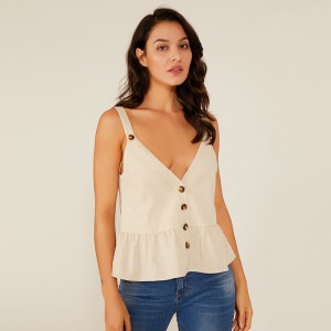 여름 Devep V 걸스 섹시 민소매 탑 패션 디자인 흰색 민소매 셔츠 레이디 블라우스