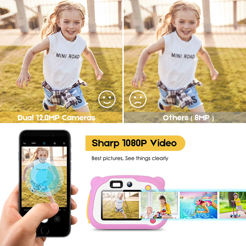 어린이 카메라 8.0MP 충전식 디지털 프런트 및 후면 Selfie 카메라 어린이 캠코더, 4-10 년 동안 장난감 선물 소년과 소녀