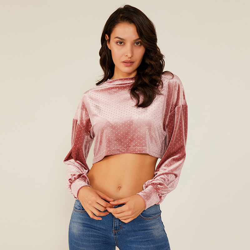 여자 하이 웨스트 긴팔 폴카 Boho Dot Suede Top