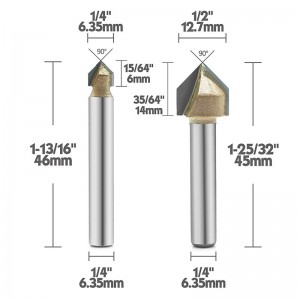 90도 V 홈 그루브 라우터 비트, 티타늄 코팅 탄화물 팁 2 플루트 CNC 조각 비트 목공 모따기 베벨 커터, 1 / 4 인치 섕크