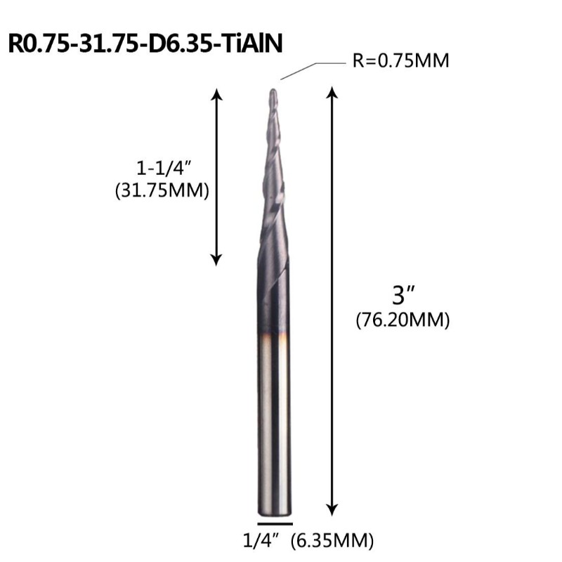 가늘게 한 공 코 끝 선반 0.75mm 공 코를 가진 1/4 x 3 인치 CNC 기계 조각 조각 조금을위한 4.36 Deg