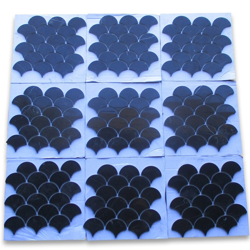 Nero Marquina 대리석 웅장한 물고기 가늠자 부채꼴 모양의 모자이크 타일