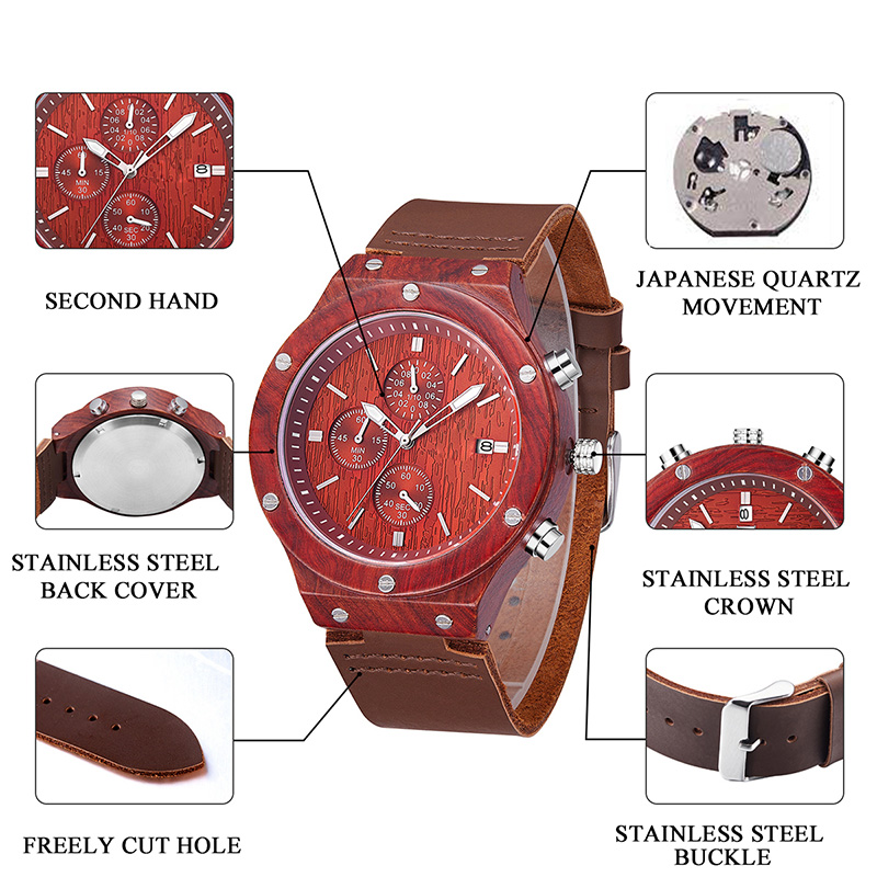 2019 새로운 빨간 연약한 가죽 끈 백단 다이얼 손목 시계
