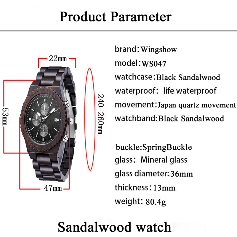 나무로되는 시계 남자 크로노 그래프 검정 다기능 Eco 친절한 자연적인 목제 시계