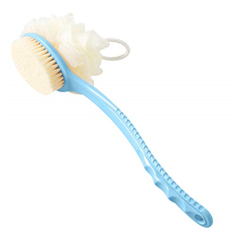 2 in 1 Bath 바디 브러시와 부드러운 Loofah 및 Bristles, 습식 또는 건식, 여성 및 남성 바디, 얼굴 및 스파 세척을위한 곡선 처리 된 긴 핸들 샤워 브러시가 장착 된 백 스크러버