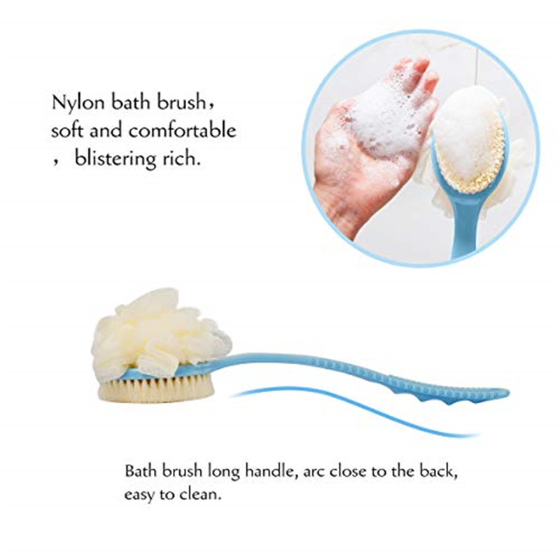 2 in 1 Bath 바디 브러시와 부드러운 Loofah 및 Bristles, 습식 또는 건식, 여성 및 남성 바디, 얼굴 및 스파 세척을위한 곡선 처리 된 긴 핸들 샤워 브러시가 장착 된 백 스크러버