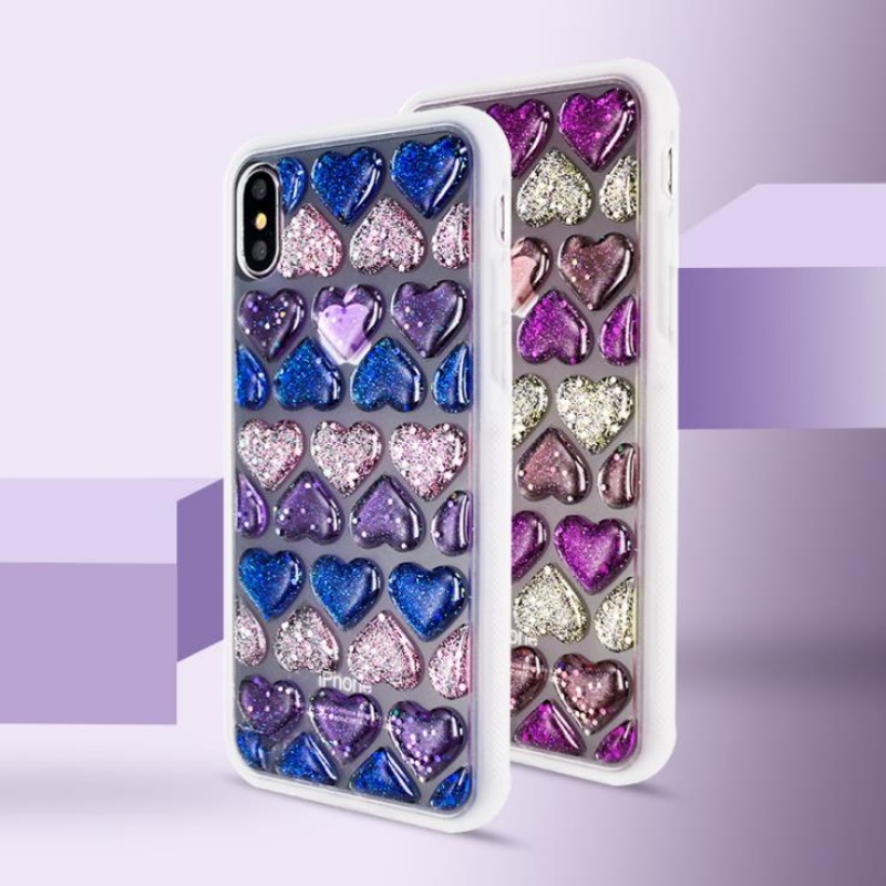 Iphonexs는 3D 크리스탈 드롭 모자이크 격자 매니큐어 화려한 하트 모양의 투명 젤리 전화 케이스입니다