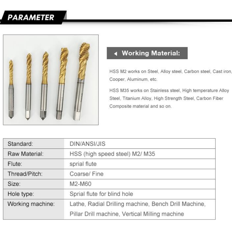 스테인레스 스틸 용 탭 : 스테인레스 스틸 용 M8 HSS COBALT hss 나선형 플루트 탭
