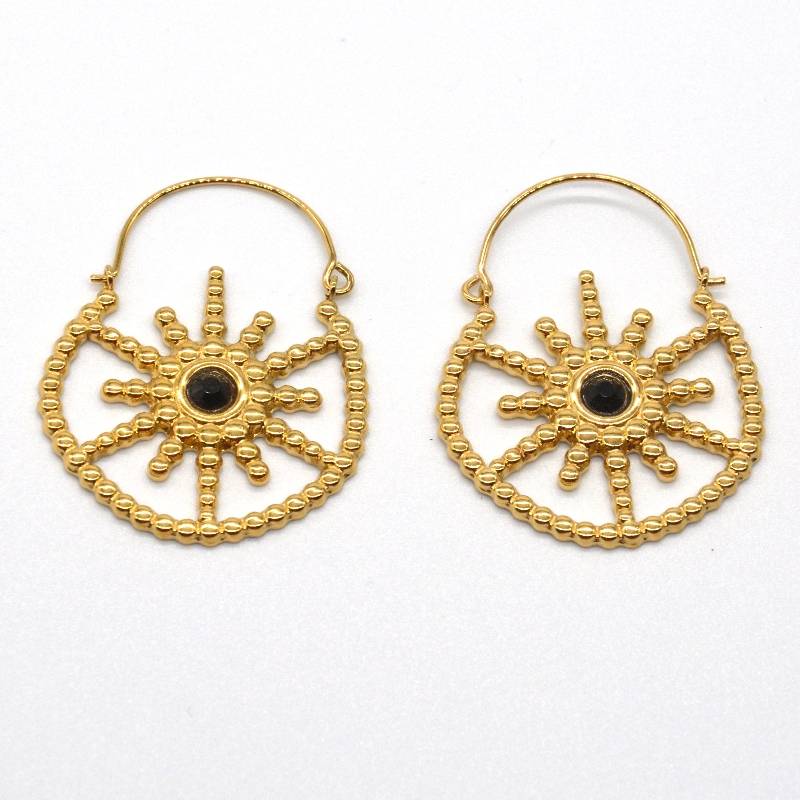 여자 골드 도금 보석 보헤미안 스타일 빈티지 꽃 블랙 마노 귀걸이 중국 Ruifanbao 보석 가공 공장