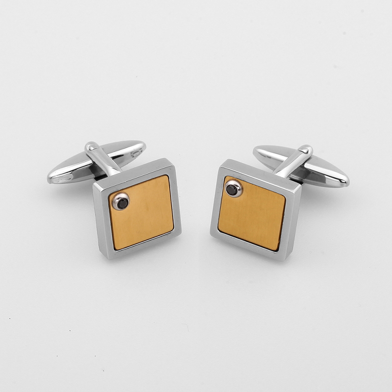 남성용 투톤 골드 도금 스테인리스 스틸 커프스 단추 블랙 CZ 스톤