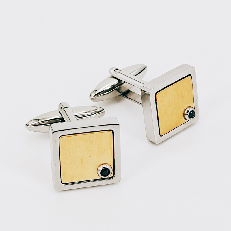 남성용 투톤 골드 도금 스테인리스 스틸 커프스 단추 블랙 CZ 스톤