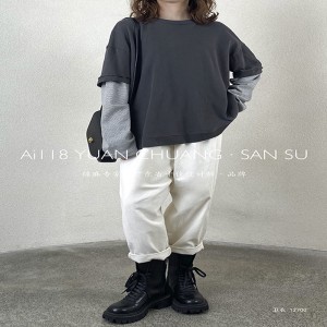 루즈 한 디자인 심 플 한 라운드 네 크 라인 스타일 봉제 소매 스타일 캐 주 얼 원색 면 마 오 버 사이즈 로 12700 트 레이 닝 셔츠 를 만 들 었 습 니 다.