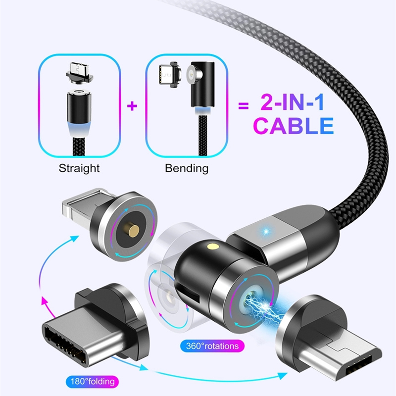 2nd Gen 540 회전 마이크로 USB 타입 C 자기 충전 케이블 나일론 꼰 마그네틱 패스트 충전 USB 케이블