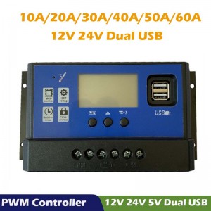 PWM 태양 충전기 컨트롤러 60A 50A 40A 30A 20A 10A 12V 24V 배터리 충전기 LCD 듀얼 USB 태양 전지 패널 레귤레이터 최대 50V PV 입력