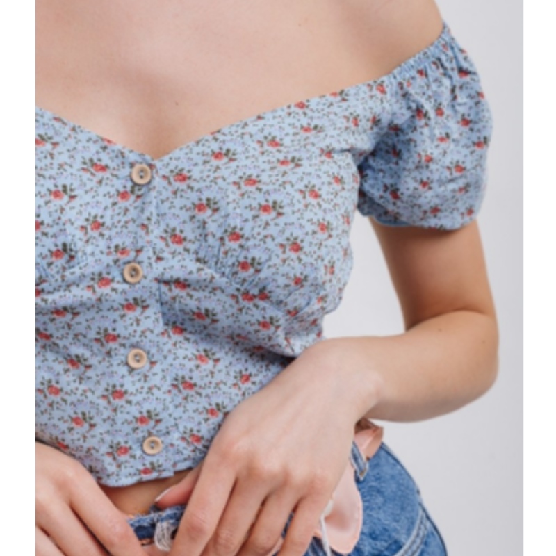 어깨 푸른 꽃 짧은 여름 셔츠