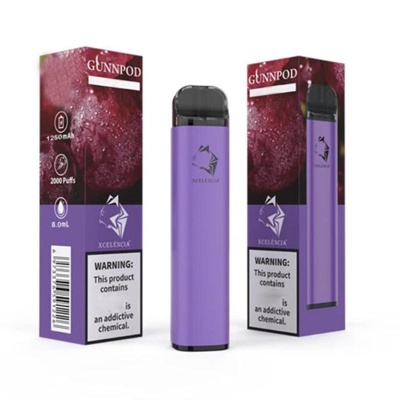 gunnpod 2000 퍼프 미리 채워진 일회용 vape 1250mAh 배터리 전자 담배 deivce 18350 8ml 기화기 스타터 키트 vs elf bar 20 flavs 펜 포드 퍼프 ​​gunpod