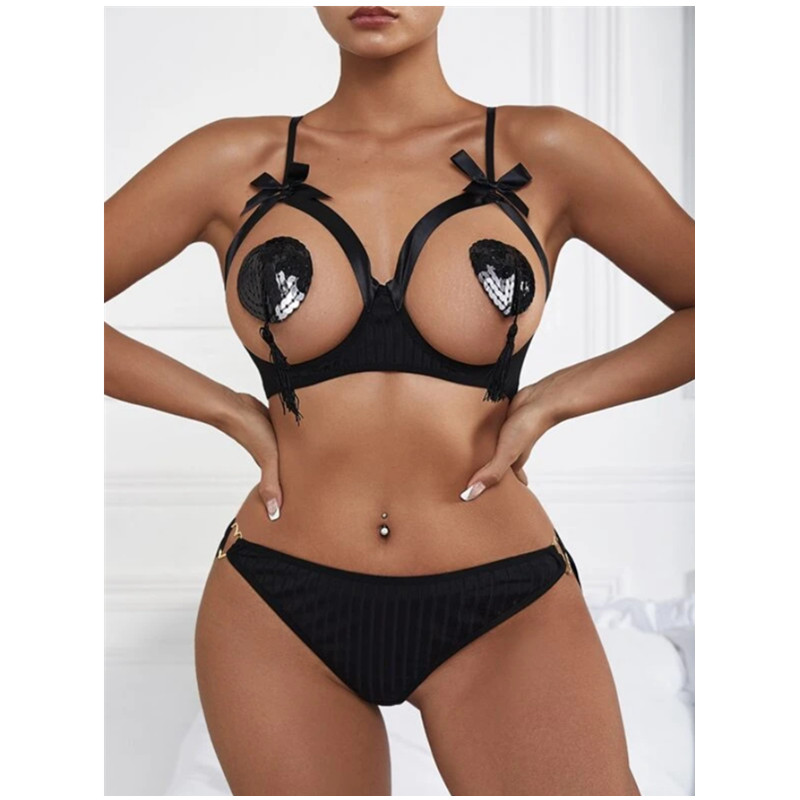 여성 Bowknot Thongs 섹시한 란제리 잠옷 세트 숙녀 에로틱 레이스 섹시한 란제리