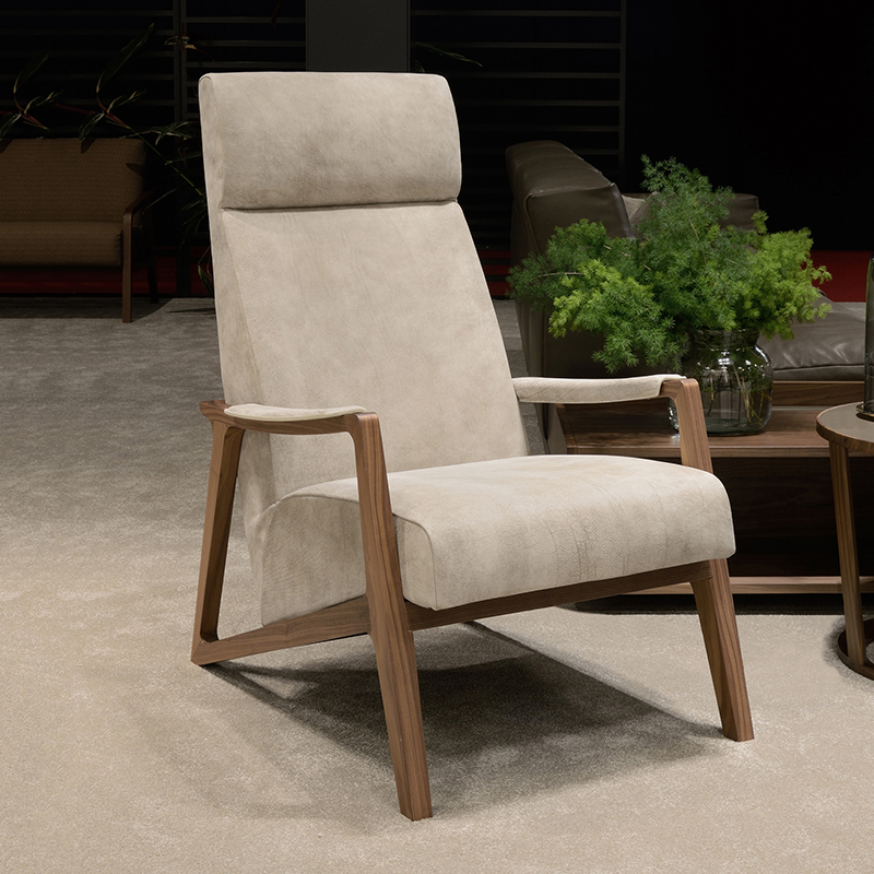 편안한 휴식 싱글 등받이 중반 세기 High Back in Walnut Solid Wood Frame 가죽 악센트 라운지 의자