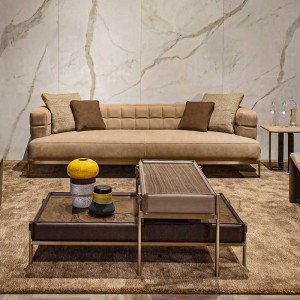 이탈리아 미니멀리스트 조합 중첩 디자인 스테인레스 스틸 다리 사각형 천연 나무 끝 ​​테이블 가죽 커피 테이블 세트