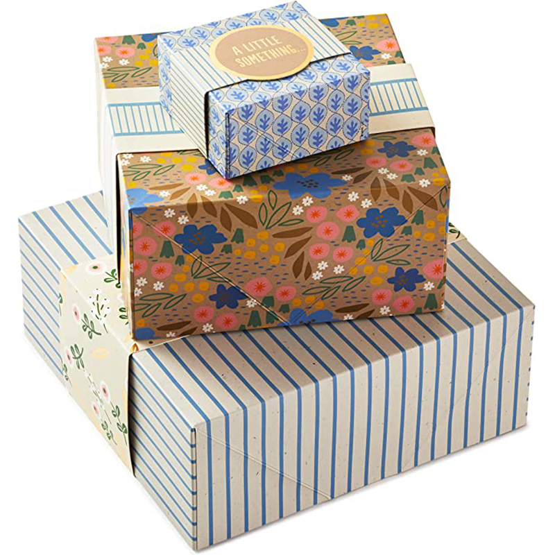 랩 밴드가있는 홀 마크 선물 상자, 생일을위한 다양한 크기 (3 팩 : 귀여운 꽃과 줄무늬), 신부 샤워, 어머니의 날, 가장 친한 친구