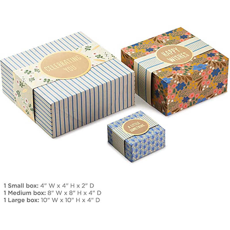 랩 밴드가있는 홀 마크 선물 상자, 생일을위한 다양한 크기 (3 팩 : 귀여운 꽃과 줄무늬), 신부 샤워, 어머니의 날, 가장 친한 친구