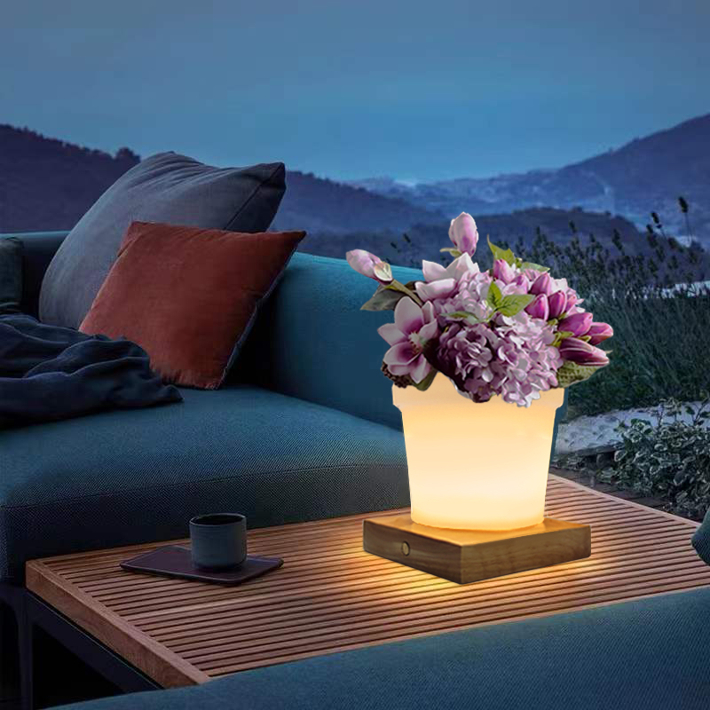 RGB 색상 변경 LED 식물 포트 테이블 램프 터치 컨트롤, 현대적인 단순한 PE 플라스틱 화분 LED 테이블 램프 거실을위한 단단한 나무베이스/bedroom/office