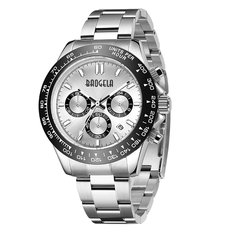 Baogela Men Watch Top Brand Luxury Sports Quartz 시계 스테인리스 스틸 스트랩 방수 크로노 그래프 손목 시계 2210 Black White