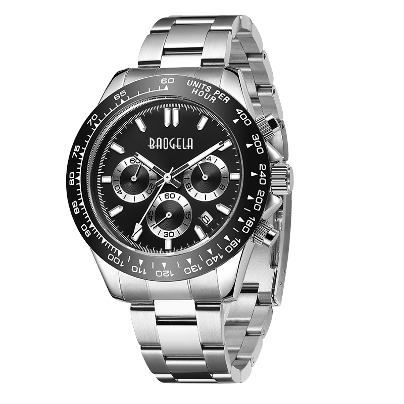 Baogela Men Watch Top Brand Luxury Sports Quartz 시계 스테인리스 스틸 스트랩 방수 크로노 그래프 손목 시계 2210 Black White
