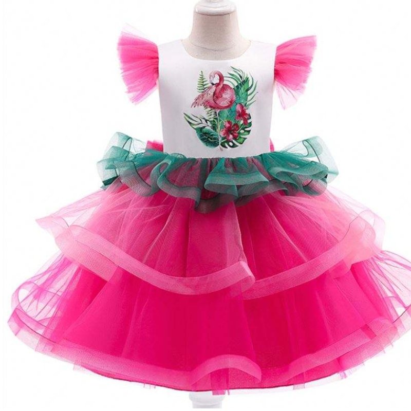 바이지 주름 짧은 소매 레이어 케이크 꽃 드레스 부활절웨어 파티를위한 유니콘 드레스