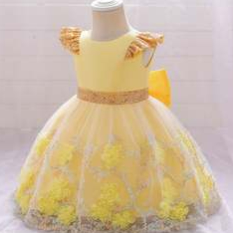 Baige Yellow Yellow Flower Girl Dress Kids Party Frock New India Collection Fancy Girl Party Dress L2021XZ