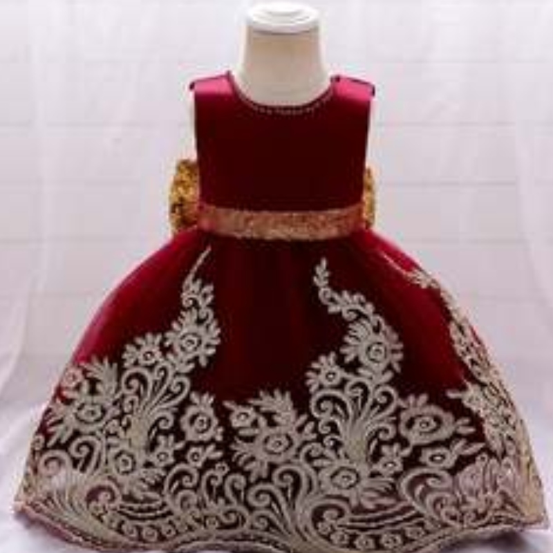 바이거 최신 꽃 작은 도트 패턴 새틴 드레스 디자인 아기 소녀 패션 파티 드레스