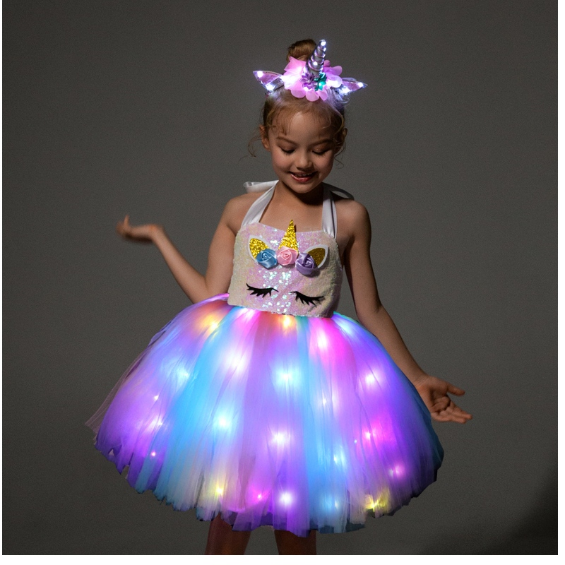 2022 어린이 소녀 귀여운 유니콘 의상과 함께 할로윈 생일 파티 선물 슬리브 소매 아동 의류를위한 LED 조명 드레스