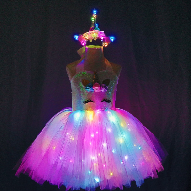 2022 어린이 소녀 귀여운 유니콘 의상과 함께 할로윈 생일 파티 선물 슬리브 소매 아동 의류를위한 LED 조명 드레스