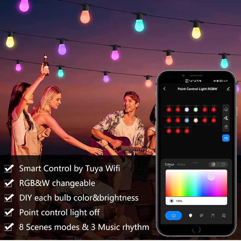 스마트 컬러 스트링 조명, 48ft 스마트 파티오 조명 RGBW LED 스트링 라이트, 앱&WiFi Control, Alexa와 함께 작동합니다.