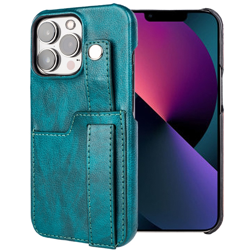 Apple iPhone 14 Full Leather Phone Case, 핸드 헬드 카드 가방 브래킷 유형 전화 케이스, 360도 전체 가을 및 긁힘 방지 보호 가죽 케이스