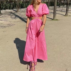 섹시한 V-Neck Lantern Short Sleeve Dress