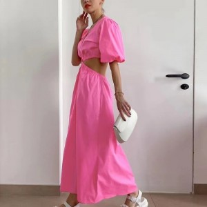 섹시한 V-Neck Lantern Short Sleeve Dress