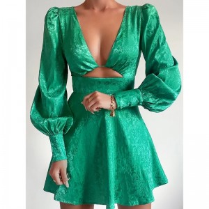 V-Neck 중공 자카드 드레스 랜턴 슬리브 짧은 드레스 봄 빈티지 스타일 A- 라인 드레스