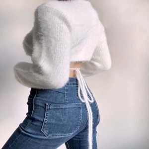 섹시한 깊은 V- 넥 하이 허리 짧은 니트 가디건 스웨터