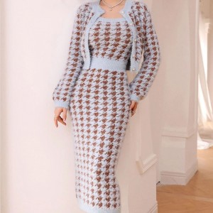 2023 OEM 가을 니트 스커트 슈트 모헤어 카디건 니트 패션 섹시 버튼 긴 치마 아웃복 아웃웨어 숙녀 긴 니트 스웨터