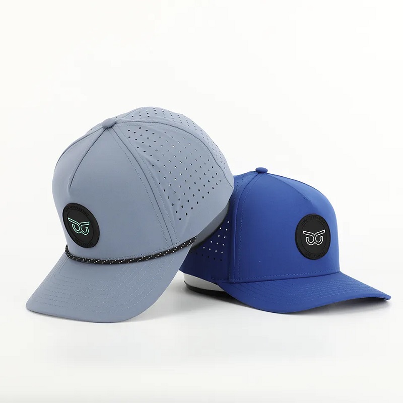 새로운 패션 커스텀 PVC 패치 로고 5 패널 방수 폴리 에스테르 스포츠 골프 모자, 레이저 컷 천공 아빠 고르 라, 로프 야구 모자