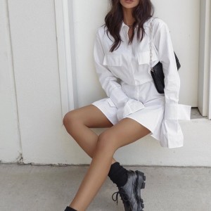 허리와 커프스가있는 프랑스 흰색 드레스 및 여성용 긴 탭 2023 새로운 디자인 허리와 단색 긴팔 치마