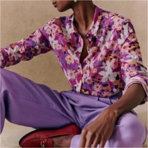 새로운 프랑스 우아한 현대 인쇄 패턴 흐름 실크와면 혼합 긴팔 얇은 셔츠